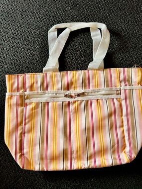 Striped Nylon Tote Bag with Lots of Pockets